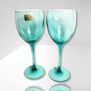 Pair 2 Luminarc France Wine Water Drinking Glasses Aqua Turquoise Teal Green 8”